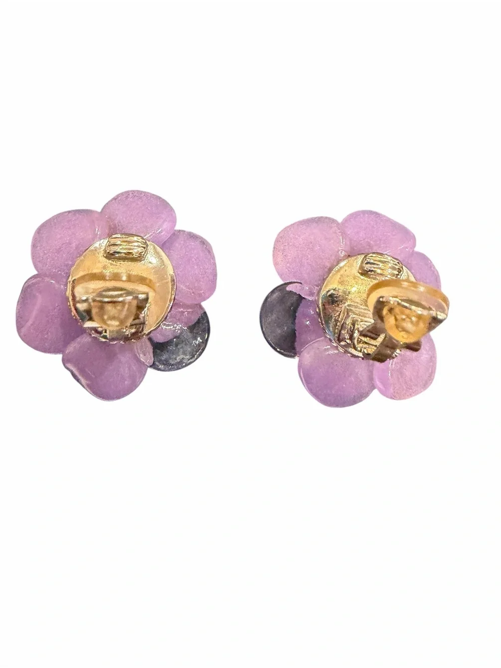 CHANEL Lavender Camellia Resin Clip-On Earrings with Gold CC Accent